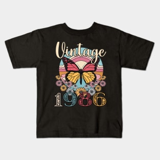 Floral Butterfly Retro Vintage 1986 37th Birthday Kids T-Shirt